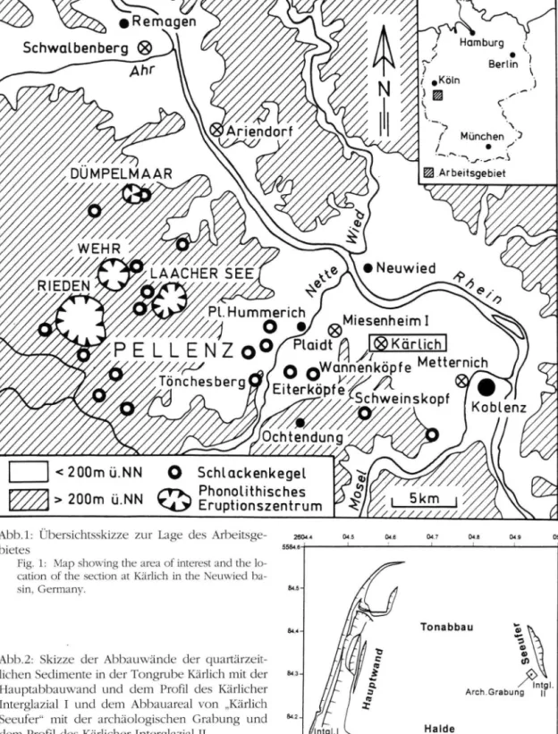 Fig. 1: Map showing the area  o f interest and the lo- lo-cation  o f the section at Kärlich in the Neuwied  ba-sin, Germany