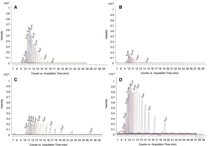 Figure 1. Extracted ion electropherograms of 21 linear FAs (C2 C22:0, 100 µg/mL) obtained (A) in negative ESI mode by CE–MS using a BGE of 40% acetonitrile in 30 mM ammonium formate at pH 10 (B) in positive ESI mode with a pre-column technique and adding 