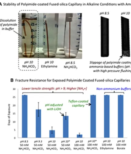 Figure 5. (A) Images showing the impact of prolonged exposure (70 days) of polyimide coated fused-silica capillaries in aqueous  al-kaline ammonium buffers that result in  soft-ening/deformation of the outer coating and polymer dissolution