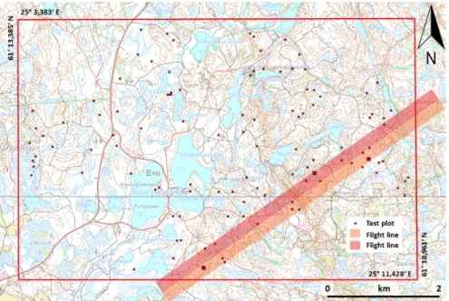 Figure 1. Study area, airborne laser scanning coverage, and sample plots. 
