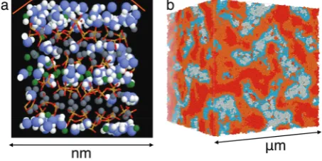 Figure 1: a) At the root of the bottom-up approach the first atomistic model of cement [1]