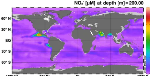 Figure 2. Map showing the model-estimated accumulation of nitrite(NO−2 ) at 200 m depth.
