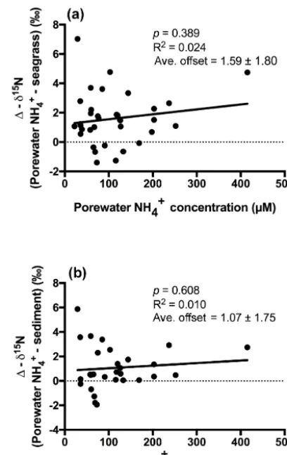 Figure 5. Plot of porewater NH+4 concentration against (a) the dif-ference between the porewater δ15N-NH+4 and the seagrass δ15N(b) the difference between the porewater δ15N-NH+4 and the bulksediment δ15N.