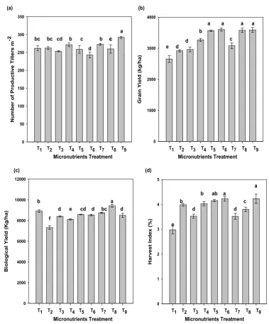 Figure 1. Effect of different micronutrients application on (a) Tillers∙m−2, (b) Grain yield (kg∙ha−1), (c) Biological yield (kg∙ha−1) and (d) Harvest index of wheat