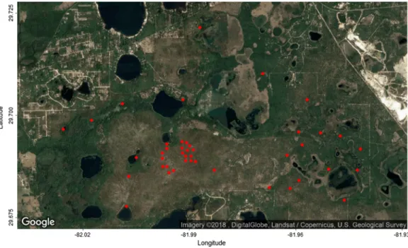 Figure 1 Google Maps image of the study area with the location of the 43 ﬁeld plots (red dots)