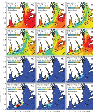 Figure 5. Spatial distributions of bottom DObelow 3 mgL (a–f) and hypoxic frequency (g–l) during May–October