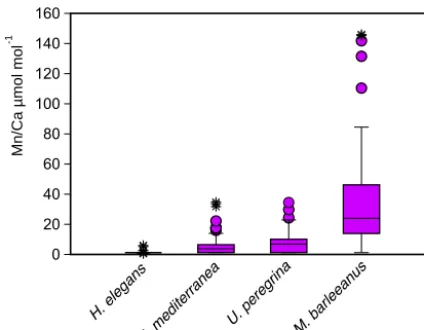 Figure 5. Box plots describing the distribution of MnUvigerina mediterraneameasured in living (stained) individualsleeanuspercentile