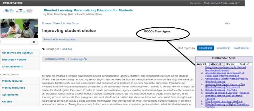 Figure 2. Coursera platform with embedding MOOCs tutors agent.                                                          