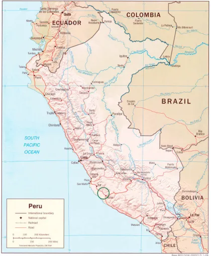 Figure 3.3Figure 3.3. Shaded relief map of Peru (source: http://www.lib.utexas.edu/maps/peru.html on 15.02.2008); Figure 3.3Figure 3.3changed by the author; green circle – area of research