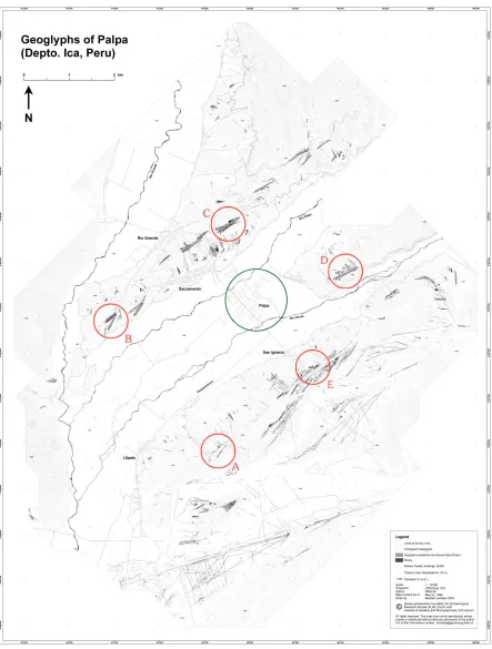 Figure 3.4Figure 3.4. Area of research; red circles represent 5 measured geoglyph complexes surrounding the modern Figure 3.4Figure 3.4city of Palpa (green circle): A – PP01�36 Llipata, B – PV67A�15/16 Yunama, C – PV67A�47 Sacramento,  D – PV67B�55 Carapo 