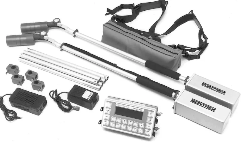 Figure 5.2Figure 5.2. The complete Figure 5.2Figure 5.2Scintrex® SMARTMAG SM4G gradiometer kit consisting of magnetometer sensors with cables, sensor electronics, readout unit (SMARTMAG console), battery belt and additional accessories (source: Scintrex, Ltd.) 