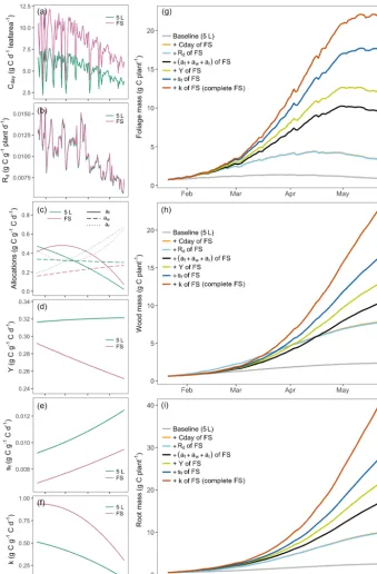 Figure 5. Attribution analysis. Left column (a–f): changes in inferred parameters. Right column (g–i): associated impacts on C budgetsdue to sequential parameter changes from 5 L container treatment to that of free seedlings (right column, g–i)