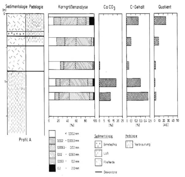 Fig. 6: Sedimentological and pedological results  o f section A. Grain size distribution, carbonate content, organic carbon content  (toc) and relative humic enrichment (Corg)