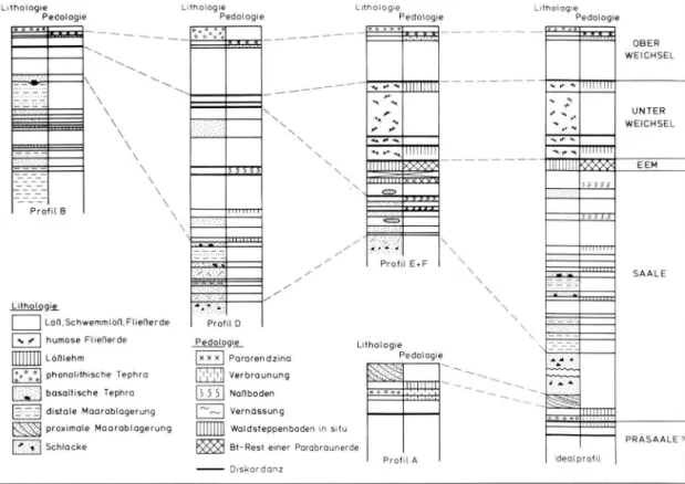 Fig. 9: Correlation of section A, B, D and E and resulting idealised section  o f Wannenköpfe loess paleosol sequence