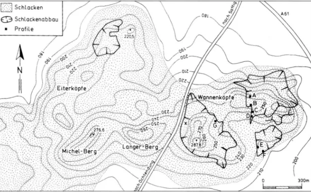 Fig. 2: Topography of the wannenköpfe scoria complex before intensive mining. Position  o f profiles and distribution  o f scoria in the  field