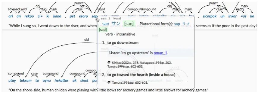 Figure 1: Screen shot of the dependency bank viewer with linking to the lexicon