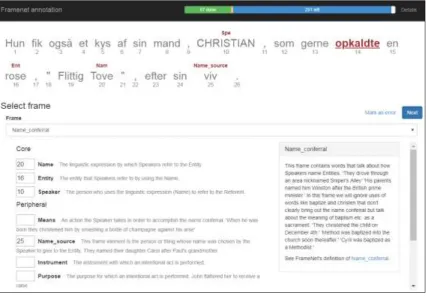 Figure 4: The FrameNet annotation tool shows the sentence with the verb to be annotated in red, and the assigned frame elements in red above the words