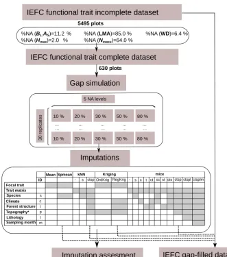 Figure 1. Description of the experimental design. A subset was obtained from the incomplete IEFC trait dataset containing only plots whereall functional traits had been measured (complete dataset) to perform the gap simulations and the imputations