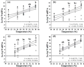 Figure 3. Effects of heat-shock temperature on the expression ofexpression ofdifferences in the level of hsp70 mRNA in limpets acclimated at (a) 20 ◦C and 400 ppm, (b) 20 ◦C and1000 ppm, (c) 24 ◦C and 400 ppm, and (d) 24 ◦C and 1000 ppm