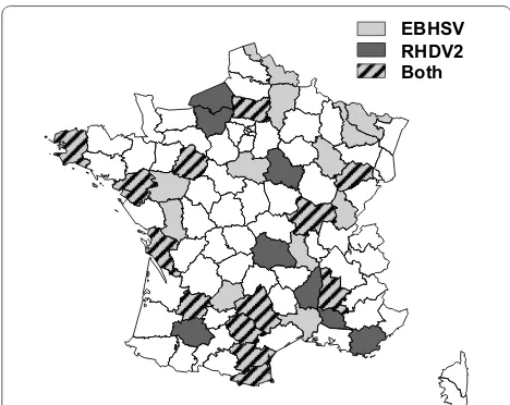Figure 3 Spatial distributions of EBHSV and RHDV2 outbreaks in hare populations in France in 2015