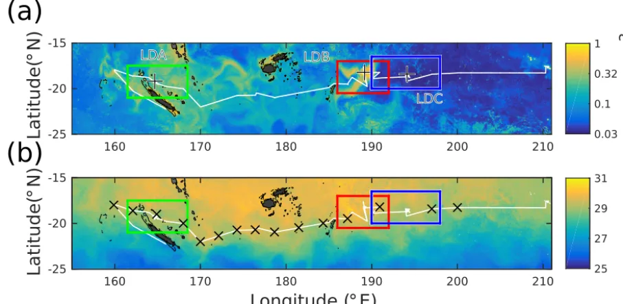 Figure 1. Satellite surface (a) chl a and (b) SST for the OUTPACE cruise. Pixel data are weighted by the normalized inverse distance squaredbetween each pixel and the RV L’Atalante’s daily position over the 42 days of OUTPACE