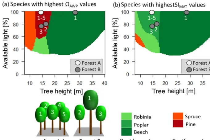 Figure 7. Panel (a) shows which species have the highest productivity (�AWP value of 1) under the current climate for different heights anddifferent light conditions