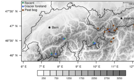 Figure 1. Sampling sites of Holocene wood remains and living treeindividuals. The sites are located along a SW–NE transect alongthe central European Alps and contain glacier foreﬁelds (blue), peatbogs and small lakes (maroon), where Holocene wood remains a