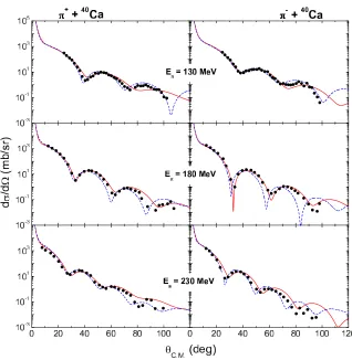 Figure 2. The same as in ﬁgure 1 but for the elastic scattering of π± + 40Ca. Experimental data are from [9].