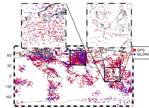 Figure 1. Global distribution of the IPPs from GPS (red dots) andGLONASS (blue stars) measurements for 6 September 2017 col-lected within a 10 min interval between 12:55 and 13:05 UT