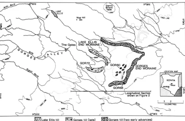 Fig. 1: Map of moraine limits, drainages and topographic features referred to in the text