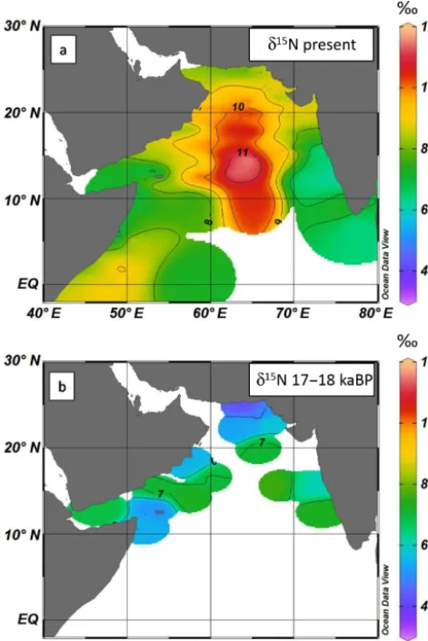 Figure 5. The δ15N values in ‰ in recent surface sediments (a);δ15N in sediments at 17–18 ka BP (b) from surface and core loca-tions shown in Fig