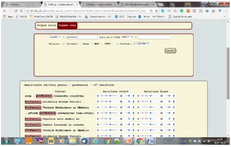 Figure 2: NLP2CQP Search Interface for CoRoLa Query (NL language): „100 de fraze în care prepoziția "de" este urmată imediat de un verb la participiu = 100 sentences in which the preposition "de" is immediately followed by a participle verb”  