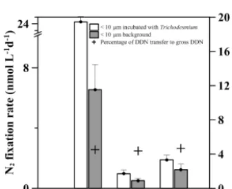 Figure 5. DDN net release rate (bar charters) and percentage of total NF (red lines) under different light intensities for stations S0320, A3and D5