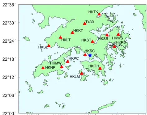 Figure 1. Research area of the experiment. The red triangles indi-cate the GNSS stations and the blue star indicates the radiosondestation in Hong Kong.