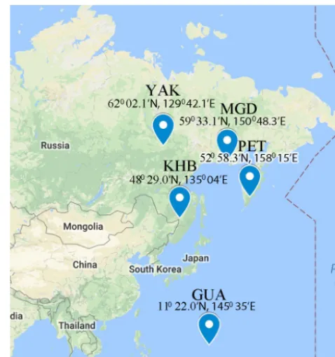 Figure 2. Geographical position of observatories that provided dataused in this study.