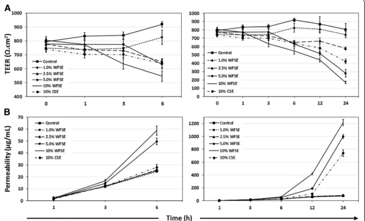 Fig. 3 Differentiated primary human bAEC exposed to WFSE exhibit a fragile epithelial phenotype Trans-epithelial electrical resistance (TEER; ionic conductance of the paracellular pathway) and passage of sodium fluorescein tracers (paracellular molecular f
