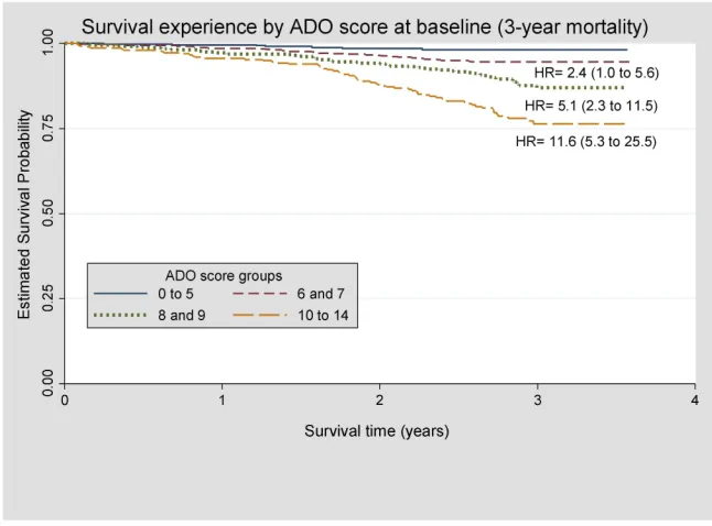Figure 2 Kaplan–Meier plot of survival experience of patients by ADO score group at baseline