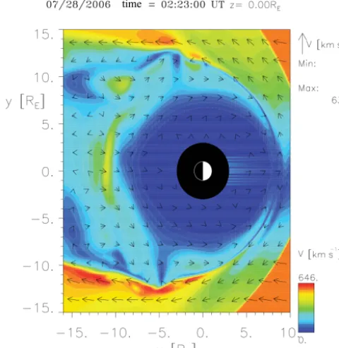 Figure 9. X–Y cut at 02:23 UTC showing velocity vectors super-posed on the velocity magnitude