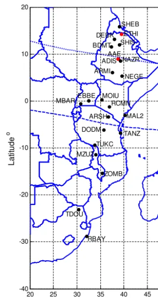 Figure 1. A map showing data sites. The red and black dots indi-cate the locations of the magnetometers and the UNAVCO stations,respectively