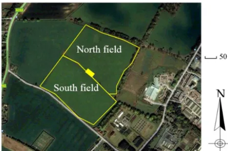 Figure 6. Satellite photo of the Easter Bush site. The map was gen-erated by Google Maps, indicating the two halves of the ﬁeld andthe place of the instruments on the border of the two denoted by thesmall yellow rectangle
