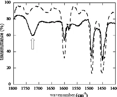 Figure 1. IR spectra of PSt and PSt-DM microspheres. PSt: broken line; PSt-DM: solid line