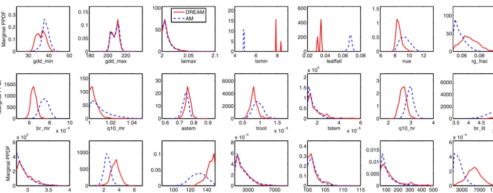 Figure 3. Estimated marginal posterior probability density functions (PPDFs) of the 21 parameters using the AM and DREAM algorithmsin the real-data study.