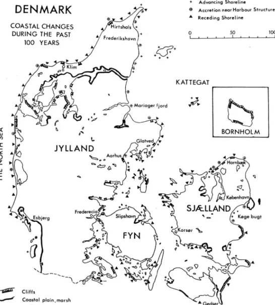 Fig. 2: Location map showing coastal changes in Denmark during the past 100 years. 