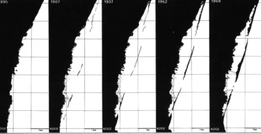 Fig. 4: Development and landward movement of the bairiei in K0ge Bugt 1895—1968. 