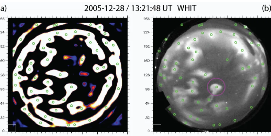 Figure 1. A comparison of the output of the wavelet ﬁltercircles. The axes are in (a) to the original ASI image (b) in which blob locations are identiﬁed with green x–y pixel coordinates and the large purple circle identiﬁes the patch that is the subject o