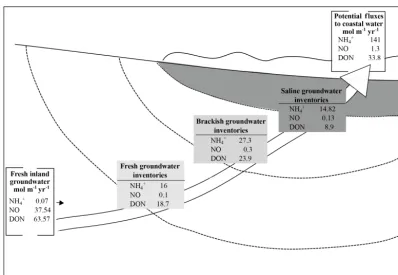 Figure 7. Schematic representation of (1) N inventories in fresh, brackish and saline beach groundwater (boxes from light grey to dark grey;dashed lines represent the schematic salinity separation) and of (2) fresh inland groundwater ﬂuxes and potential ex