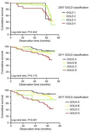 Figure 4 Kaplan-Meier curves of the overall survival according to the 2007, 2011, and 2017 GOLD classiﬁcations.