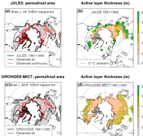 Figure 1. Simulated permafrost extent (a, c) and maximum summerthaw depth (b, d) for ORCHIDEE-MICT (c, d) and JULES (a, b).Superimposed on the simulated extent is the observed permafrostfrom Brown et al