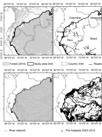Figure 1. Location of the study area, roads and river network and ﬁre hotspots detected for the period 2003–2015 and a portion of the territoryshared amongst countries.