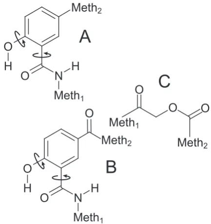 Figure 2. Chemical structures of model compounds for pHPo (A)and pHPc (B,C). The arrows indicate essential torsional degrees offreedom.